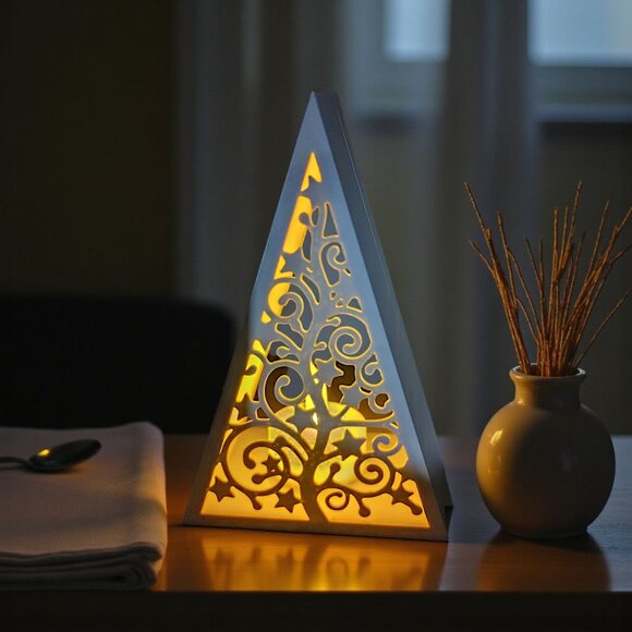 Pyramid Christmas Tree Lantern Tealight Holder w/Tealight LED Candle White - Picture 12 of 13